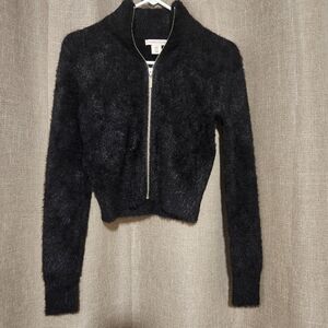 Sincerely Jules Black Fuzzy Zip-Up Bomber Sweater Jacket